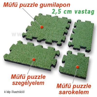 A műfű puzzle gumiburkolat különféle elemekből állítható össze.