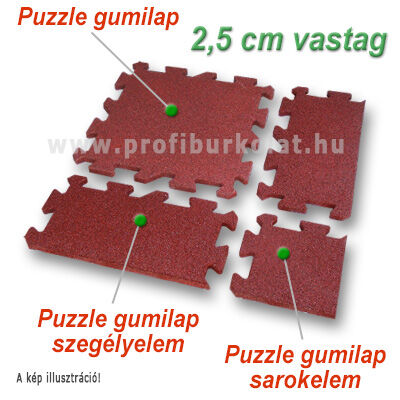 A kép szerinti 2,5 cm vastag gumiburkolat a puzzle gumilapból, szegélyelemből és sarokelemből állítható össze.
